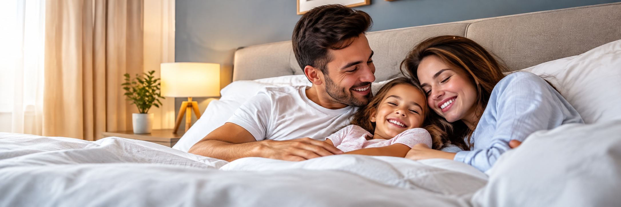 Família descansando em uma cama confortável